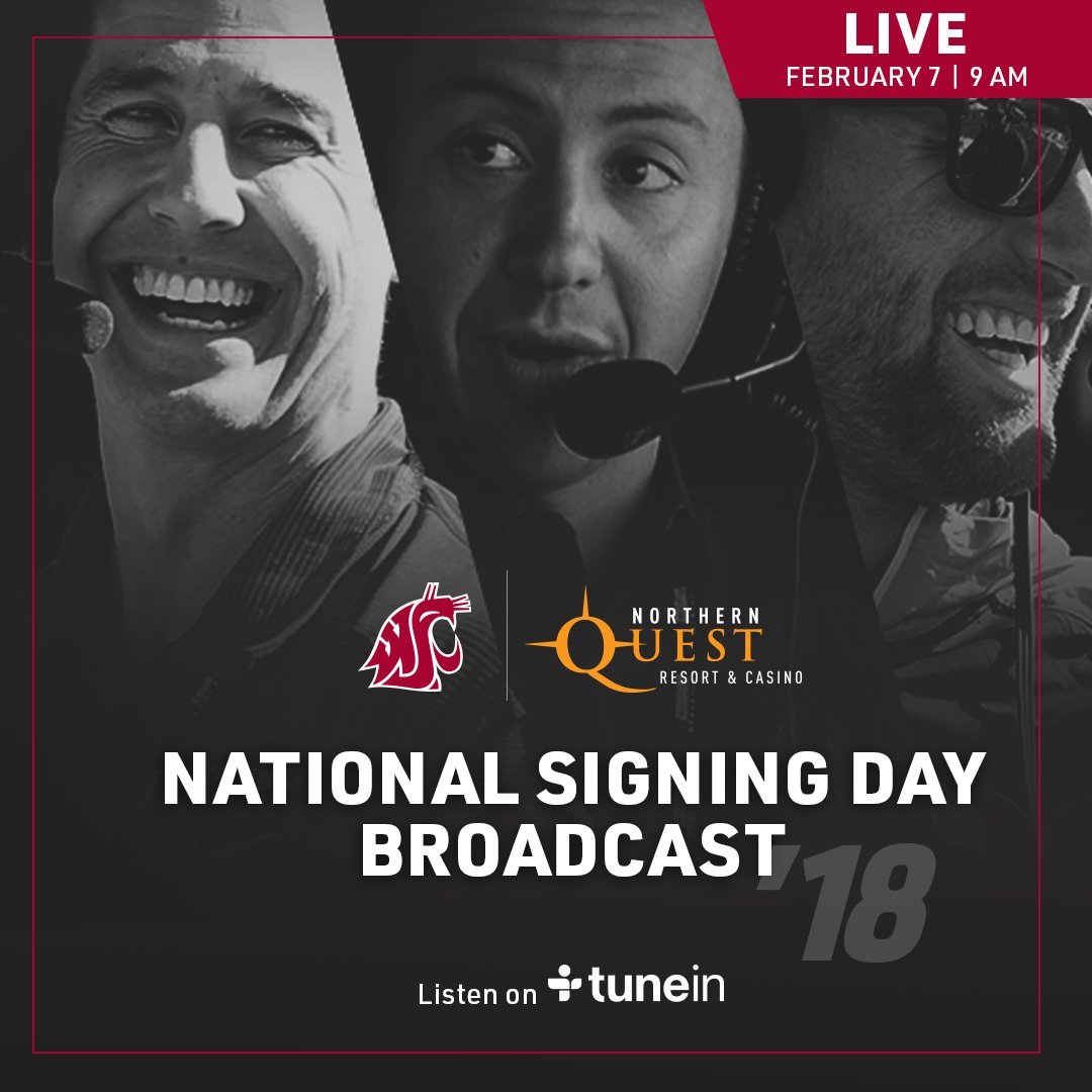 Join us tomorrow at 9 a.m. on Facebook Live for the 2018 Cougar Signing Day Special presented by <a href="/NorthernQuest/">Northern Quest</a>. 

Facebook >> bit.ly/CougarsFacebook 
Can't watch live? Listen on TuneIn >> bit.ly/WSUTuneIn

#NSD18 #JoinTheHunt #GoCougs