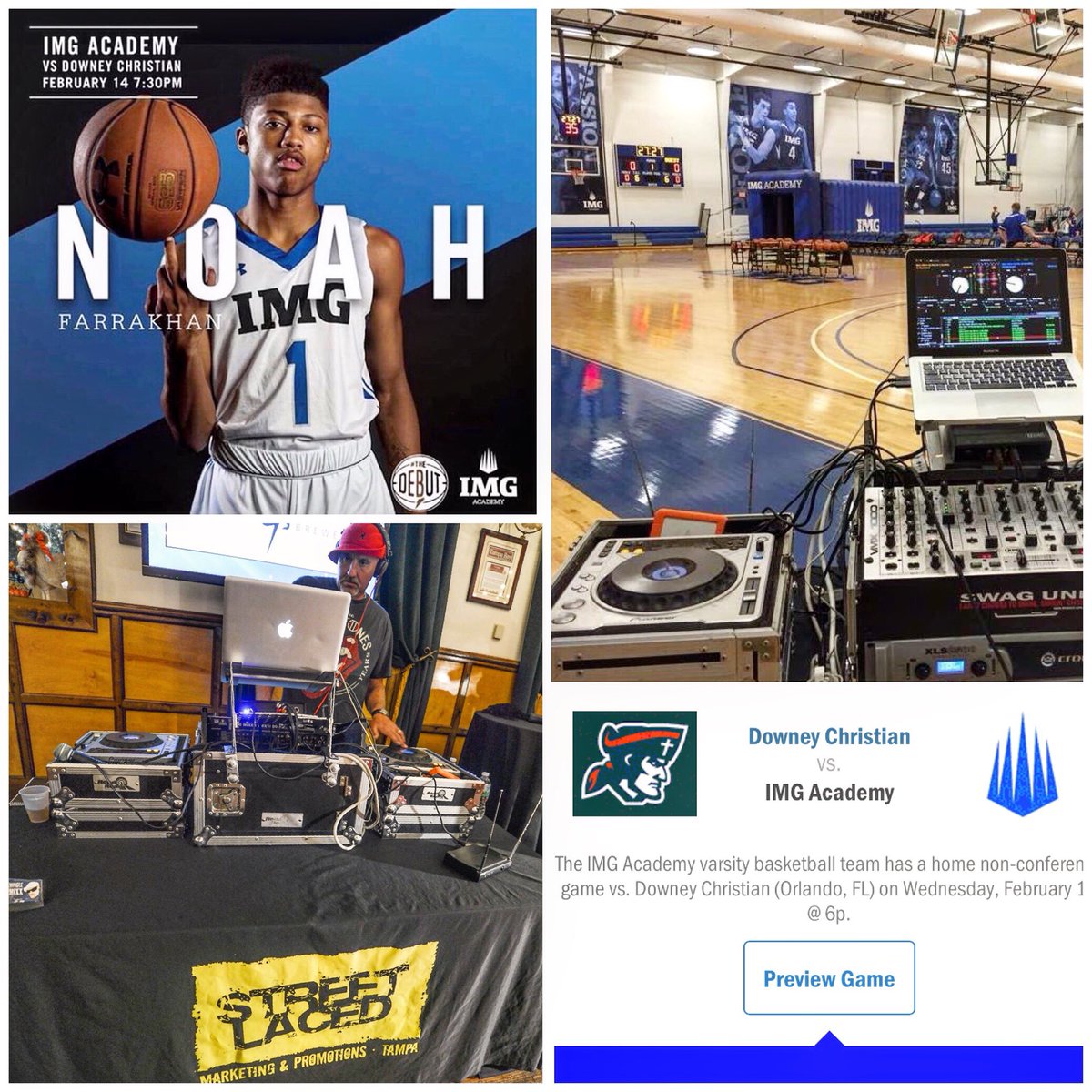 StreetLacedDJs's tweet photo. See you down in @VisitBradenton! #WednesdayNightHoops at the @IMGAcademy! DJ @MingleMixx on music duty tonight! Streamed LIVE  at https://t.co/jmU9klwnAO as they take on #DowneyChristian at 7:30pm! #TheDebut #IMGARiseUp #WeRockIMG #StreetLacedDJs #streetlaced #wedontplaywejustwin https://t.co/76VGib0Fxi