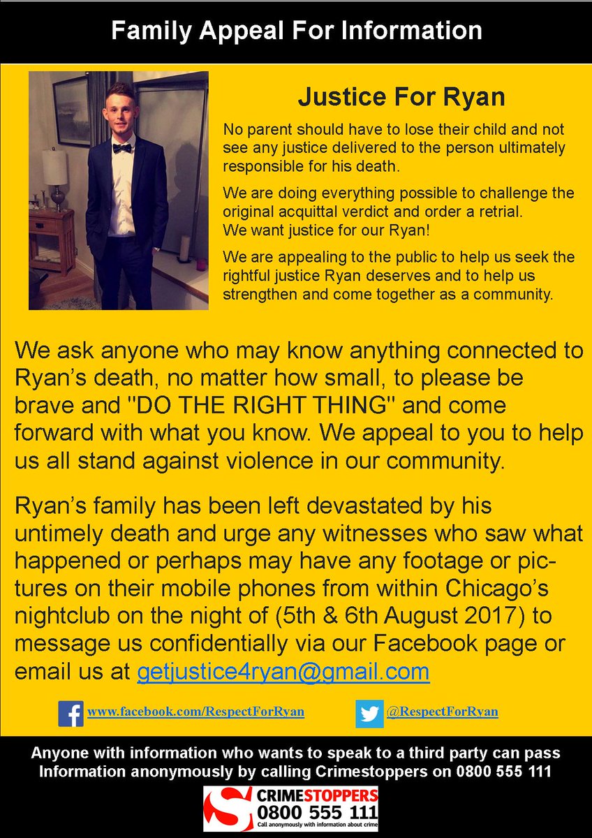 JusticeFor_Ryan's tweet photo. We have launched an appeal for further witnesses &amp; information. Please contact us confidentially on email getjustice4ryan@gmail.com or Crimestoppers 0800 555 111 please retweet  #justiceforryan #respectforryan @CrimestoppersUK @ProfDavidWilson https://t.co/r1RdozsbIh