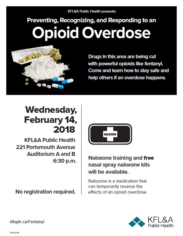kingston_helps's tweet photo. TONIGHT - FREE Public Information Session: Preventing, Recognizing, and Responding to an Opioid Overdose here at KFL&amp;A Public Health - Wednesday, February 14, 2018 @ 6:30 p.m.  #ygk #kfla #opioids https://t.co/LylGt0wFiD