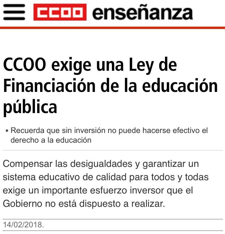 feccoo's tweet photo. CCOO exige una Ley de Financiación que asegure que la inversión en la educación pública se sitúa en la media de los países más avanzados de la UE. Esto supondría elevar al 5 % del PIB la inversión en una legislatura, para, a medio plazo, aumentarla al 7 %. https://t.co/xZW4uv3zHr https://t.co/j2a6e4yEKW