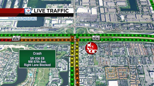 CRASH: SR-836 EB & NW 87th Ave. A right lane is blocked. #TRAFFIC #MIAMI https://t.co/vcLTDXJRQl