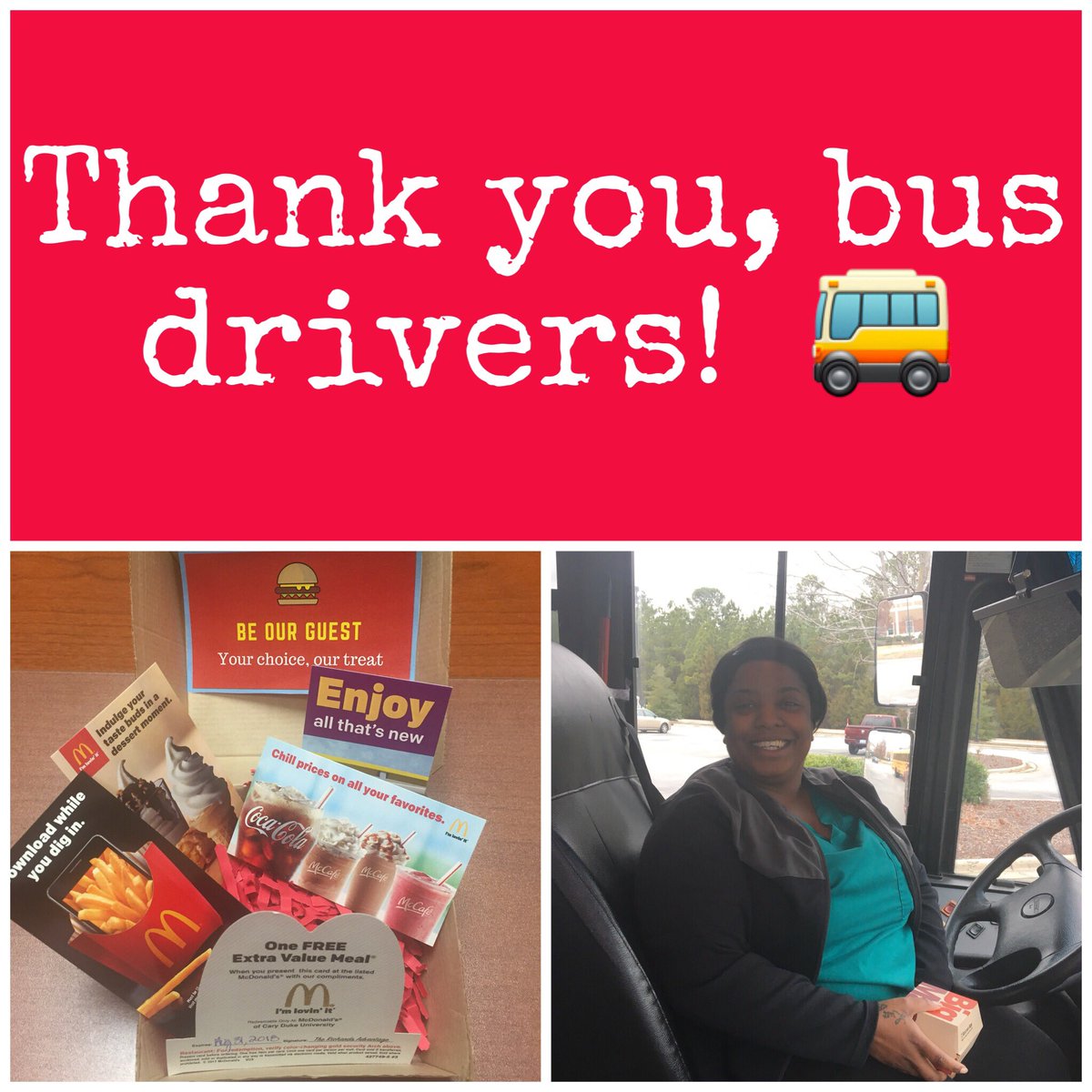 ReedyCreekElem's tweet image. We’re lovin’ our bus drivers this week!  Thank you, Mr. Richard and Cary McDonald’s for your generous gifts!  @WCPSS @WCPSSTeam #lovethebus