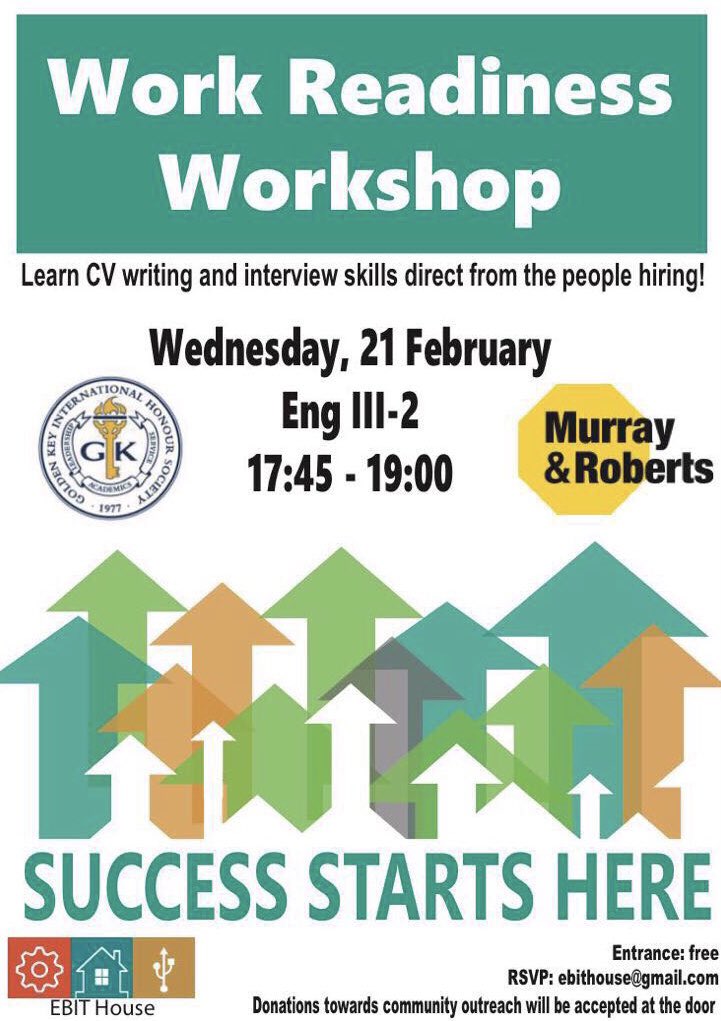 EBIT House, in association with the Golden Key Society and Murray and Roberts will be hosting a Work Readiness Workshop next Wednesday where the HR from Murray and Roberts will share the secrets of getting hired by top engineering firms!