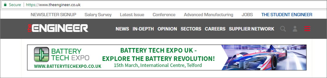 Did you spot us? Our banner ad was shown this week on <a href="/TheEngineerUK/">The Engineer</a> website.  Register for your free ticket for <a href="/batterytechexpo/">Battery Tech Expo Events</a> on 15 March here ow.ly/YAWb30imXnx #batterytechexpo #freeevent #didyouspotus #bannerad