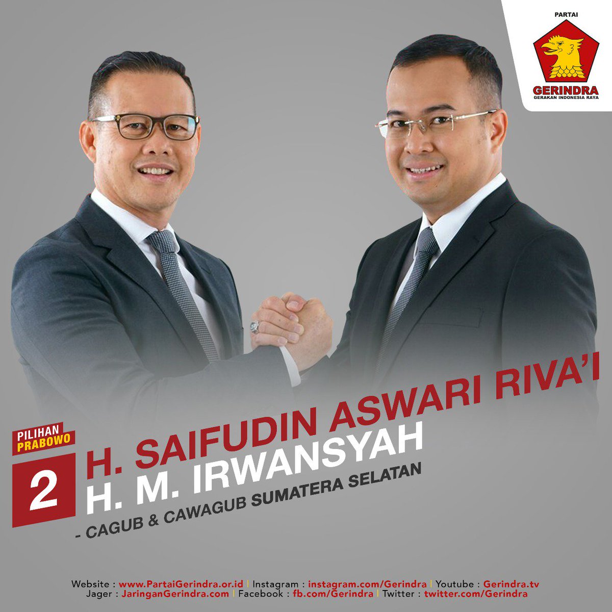 Gerindra's tweet photo. Nomor urut 2 #PilihanPrabowo untuk #SumateraSelatan @SaifudinAswari - H. M. Irwansyah https://t.co/6ahrfJSSoq