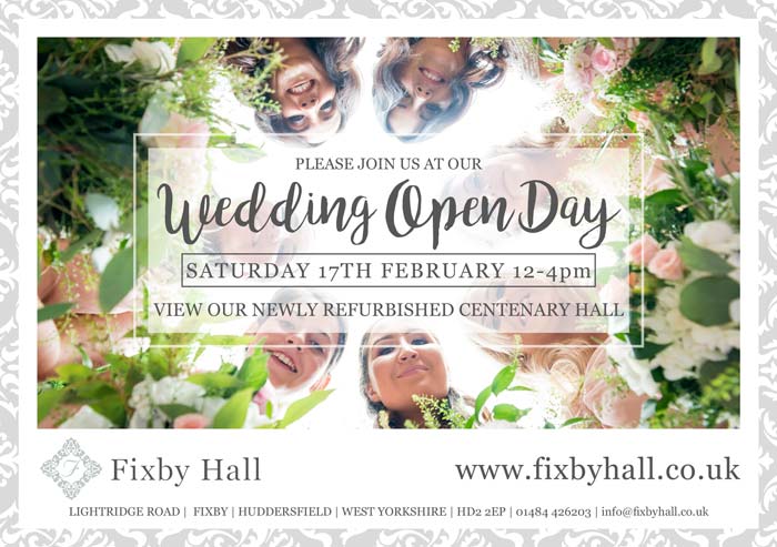 FixbyHall's tweet photo. Come to our Wedding Open Day - this Saturday. Fixby Hall, Huddersfield. 
See our newly refurbished Centenary Hall and enjoy a glass of fizz! https://t.co/D5bd2HRf0E