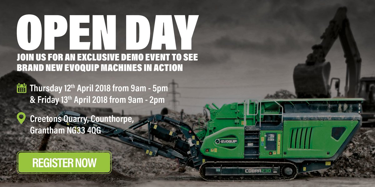 blue_machinery's tweet image. We are delighted to announce an @Evo_Quip Open Day on 12th &amp;amp; 13th April at Creetons Quarry, Grantham. Register your place today at ow.ly/irXg30imZYe #SaveTheDate #CompactCrushing #CompactScreening