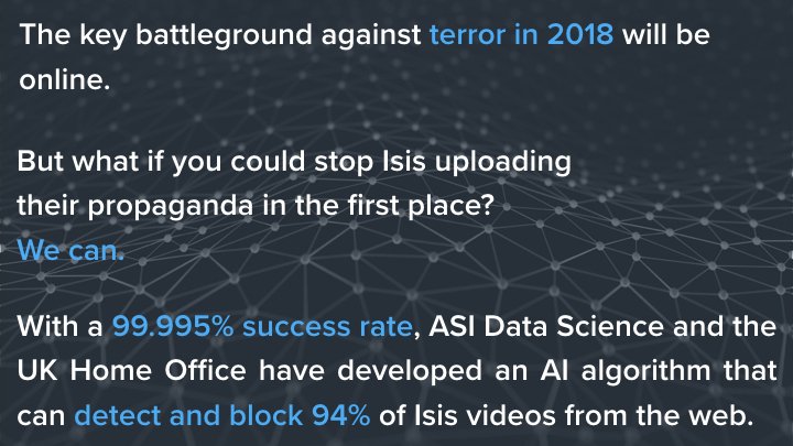faculty_ai's tweet photo. With only a 0.005% false positive rate, this #AI will be freely available to any online platform that needs it #TechAgainstTerror https://t.co/adIZSuVNt4