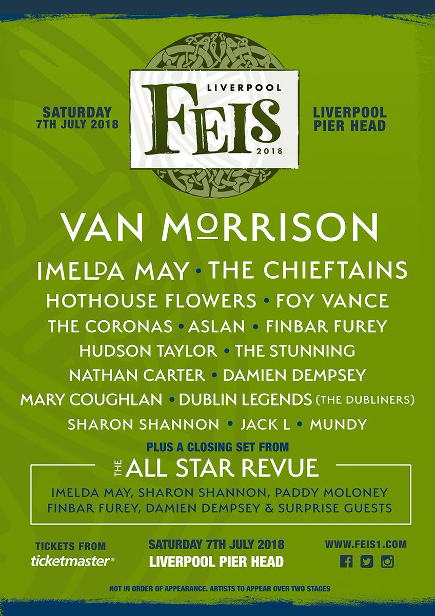 Limited Earlybird Tickets at £55 - ON SALE NOW! 🎶🇮🇪
bit.ly/2BVQ2uP
#feis #liverpool #vanmorrison #imeldamay #cultureliverpool
