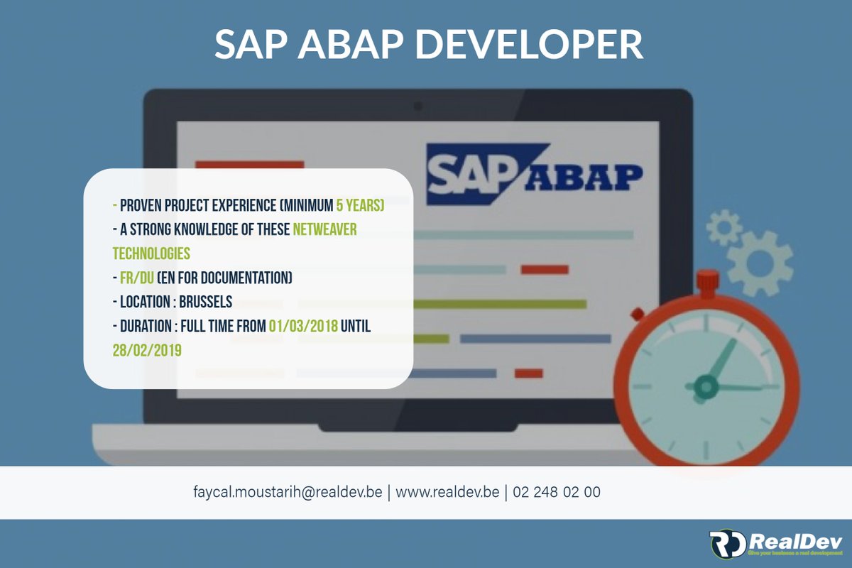 RealDevCorp's tweet image. You are a SAP ABAP developer with at least 5 years of experience and a strong knowledge these Netweaver technologies? 
Have a look to our new position : realdev.cloudapp.net/jobs/detail/sa…
#SAPABAPdeveloper #RealDev