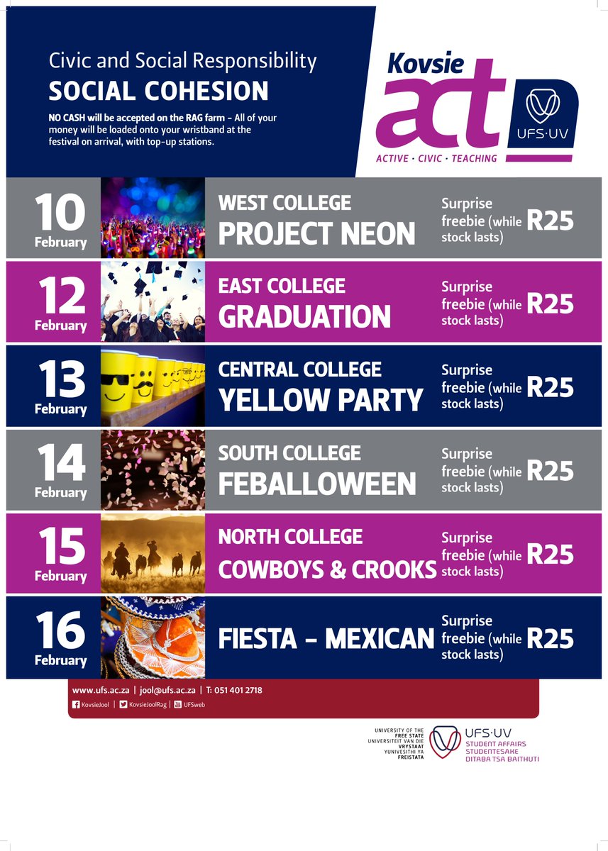 UFSweb's tweet image. Join the ACT (formerly known as Rag) festivities by attending the Social Cohesion Parties hosted at the Rag Farm. South College will be hosting a unique Valentines Day celebration at tonight. 

FEBALLOWEEN (South College)
Date: Wednesday 14 February 2018 
Entrance: R25 
#ACT2018