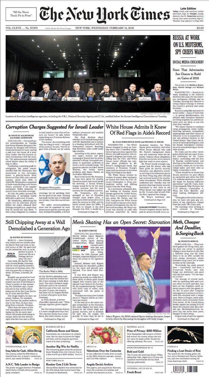 nahmias's tweet image. Today&apos;s Broadsheets, Wed., Feb. 14, 2018. #robporter #domesticviolence #russianhacking #2018Elections #Amazon #stockmarket #israel #netanyahu #Frontpages