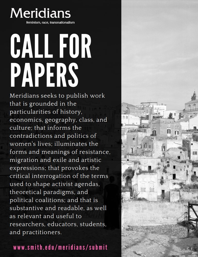 Meridians: #feminism, #race, #transnationalism is actively accepting submissions. For detailed guidelines, please visit ow.ly/xZ4130ioCuR. #cfp #submissions #journalpublishing