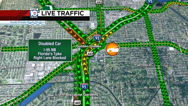 DISABLED CAR: I-95 NB & Florida's Tpke. A right lane is blocked. #TRAFFIC #MIAMI https://t.co/Kwz9bD0PVs
