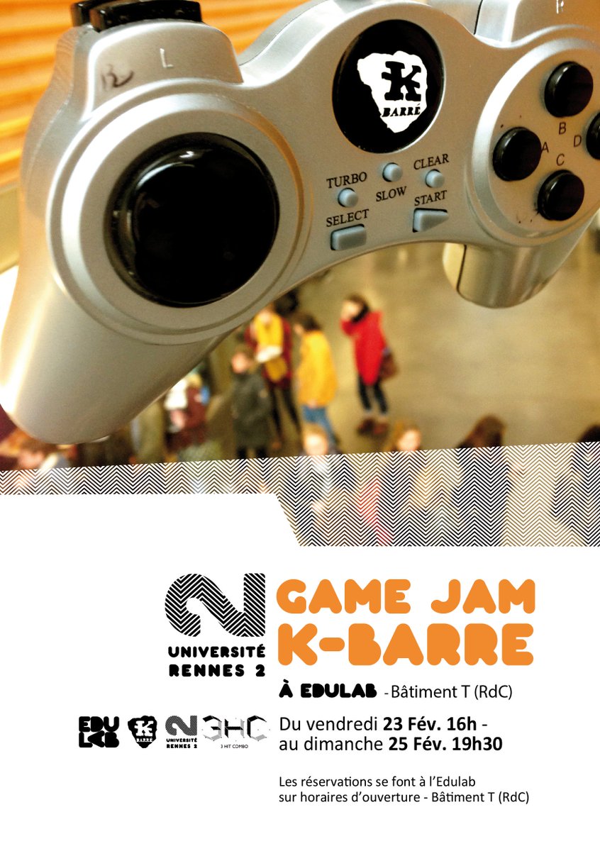 L'association K-Barré organise une #gamejam au #LabFab <a href="/edulab_r2/">EduLab Rennes 2</a> du 23 au 25 février prochain. Pour plus d'informations : labfab.fr/game-jam-festi…