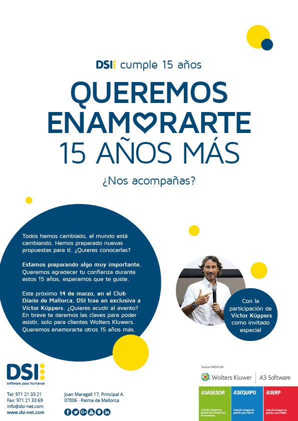 Dsibaleares's tweet photo. Próximamente DSI Software para humanos quiere regalarte la oportunidad de venir al #eventodelaño junto con #victorküppers
¡No te lo pierdas! https://t.co/YT8ObPfpnE