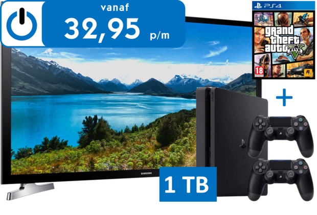 Huur per maand af € 32,95! Geen BKR toetsing! Gratis bezorging en installatie!Samsung 32 inch smart TV + PlayStation 4 (1TB) + 2 Controllers + Game GTA V Klik op de link voor alle info en mogelijkheden:  bit.ly/2Eo0Cwm