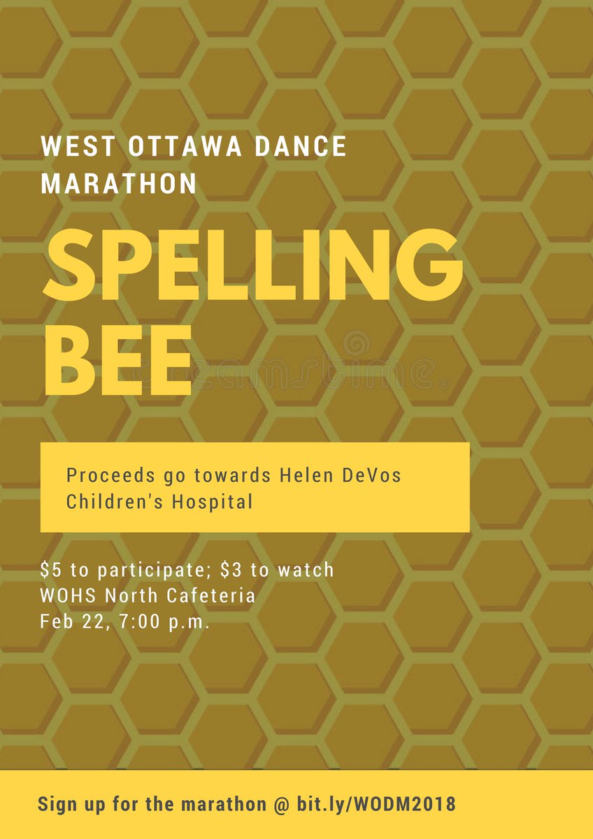 WODanceMarathon's tweet photo. We are hosting a spelling bee next Thursday, the 22nd, at 7pm to raise money for Dance Marathon. 

It will be in the North Cafeteria; $5 to participate, $3 to watch. Bee there! 

#FTK #WODM18 https://t.co/io8hQJr3Dn