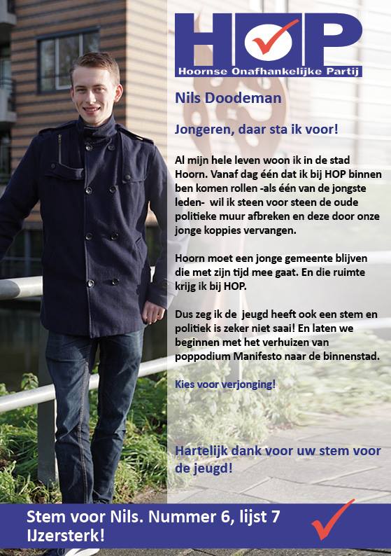 Ons jongste kandidaatsraadslid Lijst 7 nummer 6 Nils Doodeman #gemeenteraadsverkiezingen2018 #Hoorn #HOP #lijst7 #politiekisnietsaai #kandidaat #jongeren