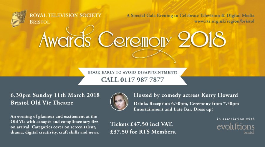 RTS_Bristol's tweet photo. Tickets now on sale at the Bristol Old Vic for the RTS West of England Awards, Sunday 11th March. £47.50 or £37.50 if you're an RTS member. Call the box office now on 0117 987 7877. https://t.co/pAY1hCYpNI