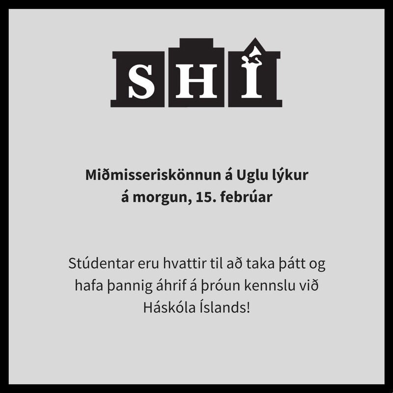 Studentarad's tweet photo. Miðmisseriskönnun á Uglu lýkur á morgun, 15. febrúar. Við hvetjum alla nemendur HÍ til að taka þátt. https://t.co/SMuHjA0tXE