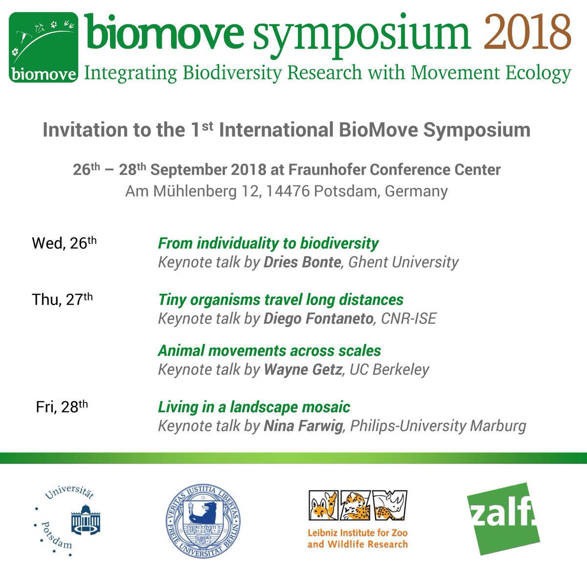Save the date! 📢
During our 1st BioMove Symposium on #movement 🐾 and #biodiversity research 🐭🐹 - taking place 26.-28.09. in #Potsdam - we will tackle the question how individual movements shape biodiversity patterns and vice versa! More infos via goo.gl/ZdexGr