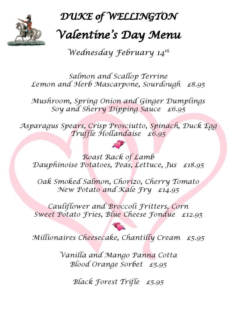 There’s still spaces here for a special Valentines Day dinner this evening. Book now to avoid risk of disappointment.