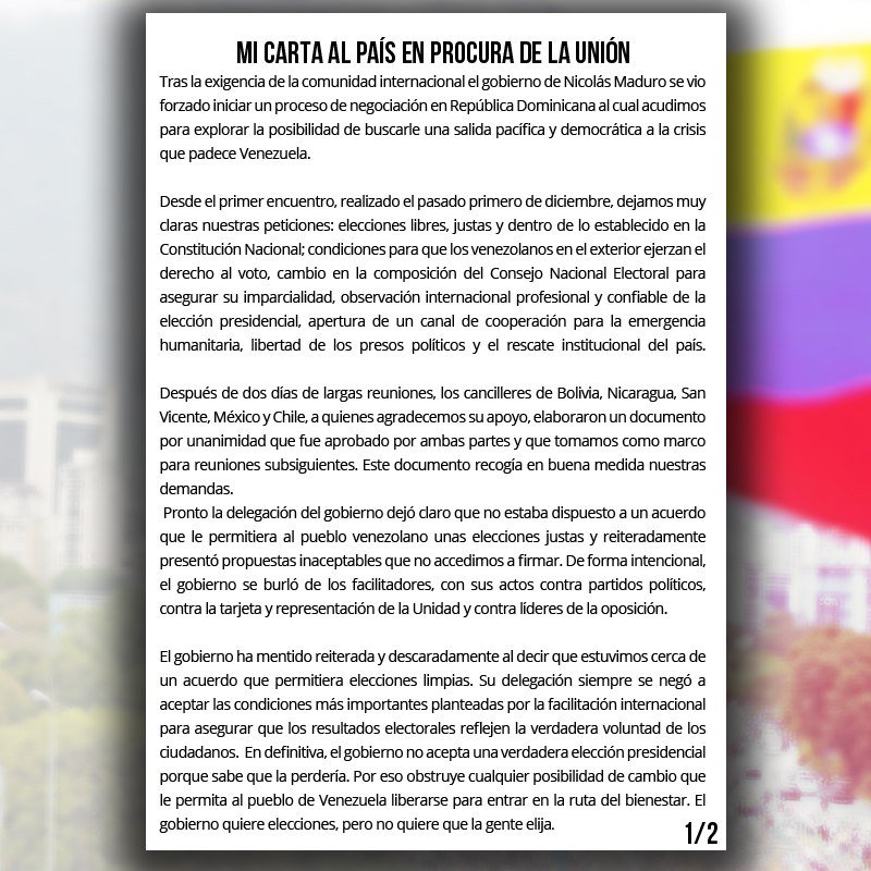 JulioBorges's tweet image. Comparto mensaje para Venezuela. No he pedido ni pediré asilo en ningún país. Haré una gira muy importante para buscar apoyo y lograr las condiciones para unas elecciones presidenciales justas, en el marco de la Constitución. goo.gl/HrwtWd