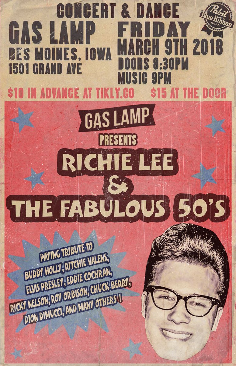 #richieleeandthefabulous50s March 9th! Relive the 50s &amp; 60s! Grab ada tickets at <a href="/tikly/">Tikly</a> <a href="/midwestshows/">Bands & Artists</a> <a href="/catchdesmoines/">Catch Des Moines</a> <a href="/dsmshows/">DSM Shows</a> <a href="/DesMoinesBuzz/">Des Moines Buzz</a> #DesMoines #Iowa #desmoinesiowa #50s #richielee #buddyholly #ritchievalens #ElvisPresley #chuckberry