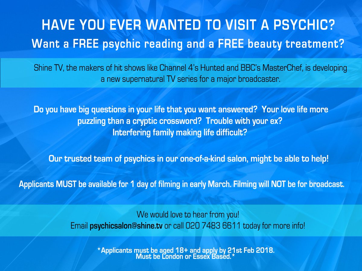 Do you want a FREE psychic reading and FREE beauty treatment? Casting now for a new TV pilot! We've recruited a team of psychics to work in our one of a kind salon! Email psychicsalon@shine.tv NOW for info! RT plz x #TV #castingcall #filming #beontv #psychic
