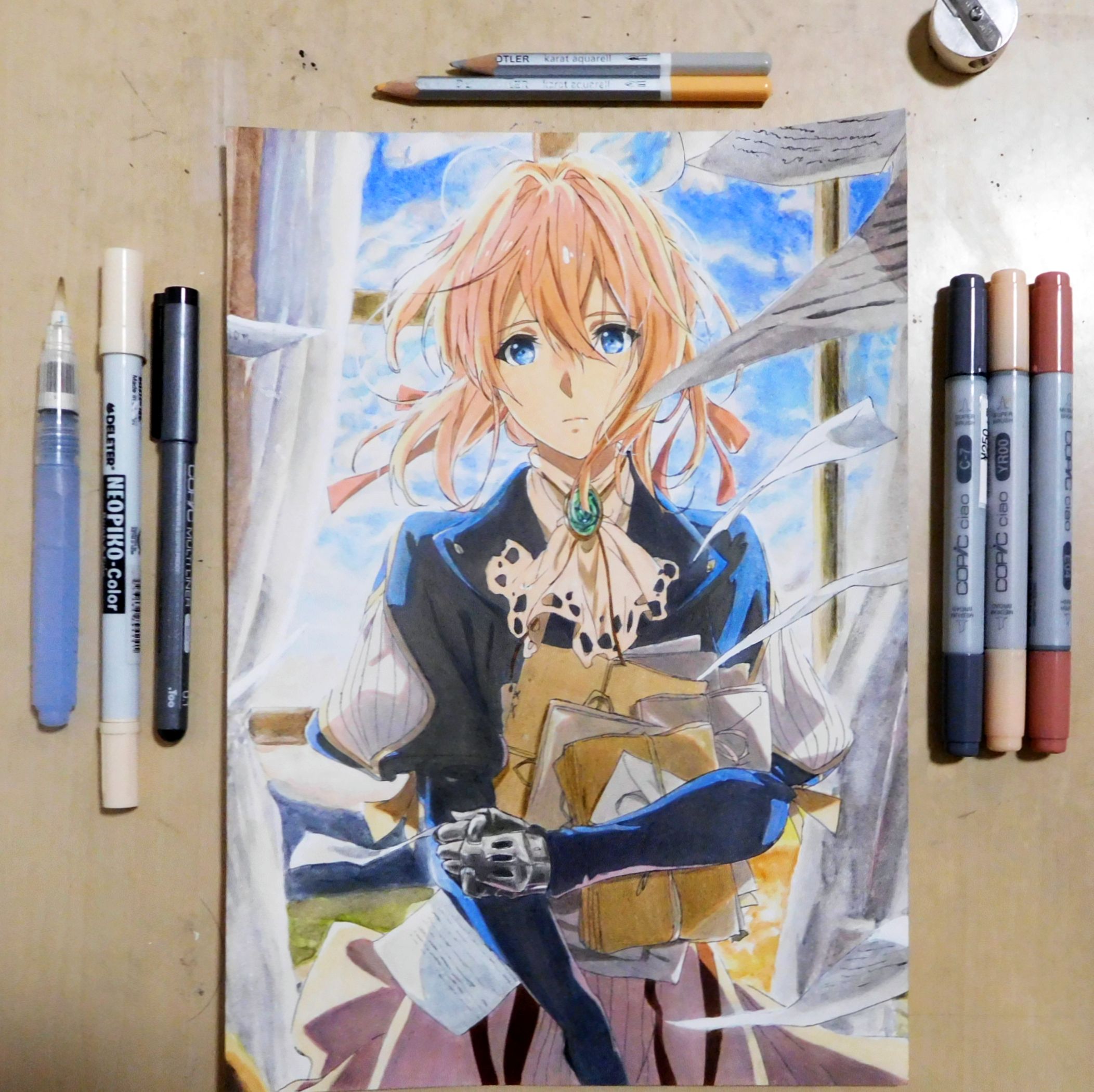 تويتر お絵描き練習中こーすけ على تويتر ヴァイオレット エヴァーガーデン 描き上がりました Youtubeにて公開予定です コピックだけではなくベースのコピックの色を活かしつつ色鉛筆で細かい表現を再現してみました٩ W و 使用画材 ケント紙 ミリペン