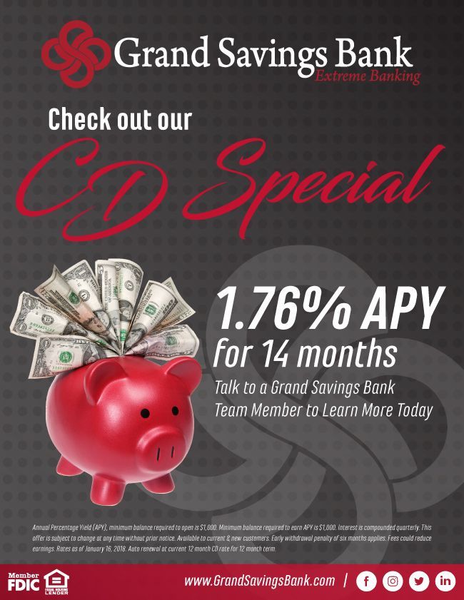 GrandSavBank's tweet photo. Check out our CD Special, 1.76% APY for 14 months. Stop by any of our 11 locations to visit with a team member to learn more. Member FDIC | Equal Housing Lender | https://t.co/cjGX0MoBif #nwark #neok #communitybank #banklocal https://t.co/U2v7LsEFOY