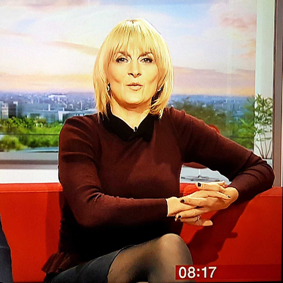 raymach1's tweet photo. Sensational Louise presenting Wednesday's #bbcbreakfast #louiseminchin #style #fashion #blonde #tvpresenter #smile #maroontop #blackskirt #hairstyle #pretty #smart #body #legs #blacktights #glamorous #beauty #stylish #stockings #pout https://t.co/IAIf4AoYll