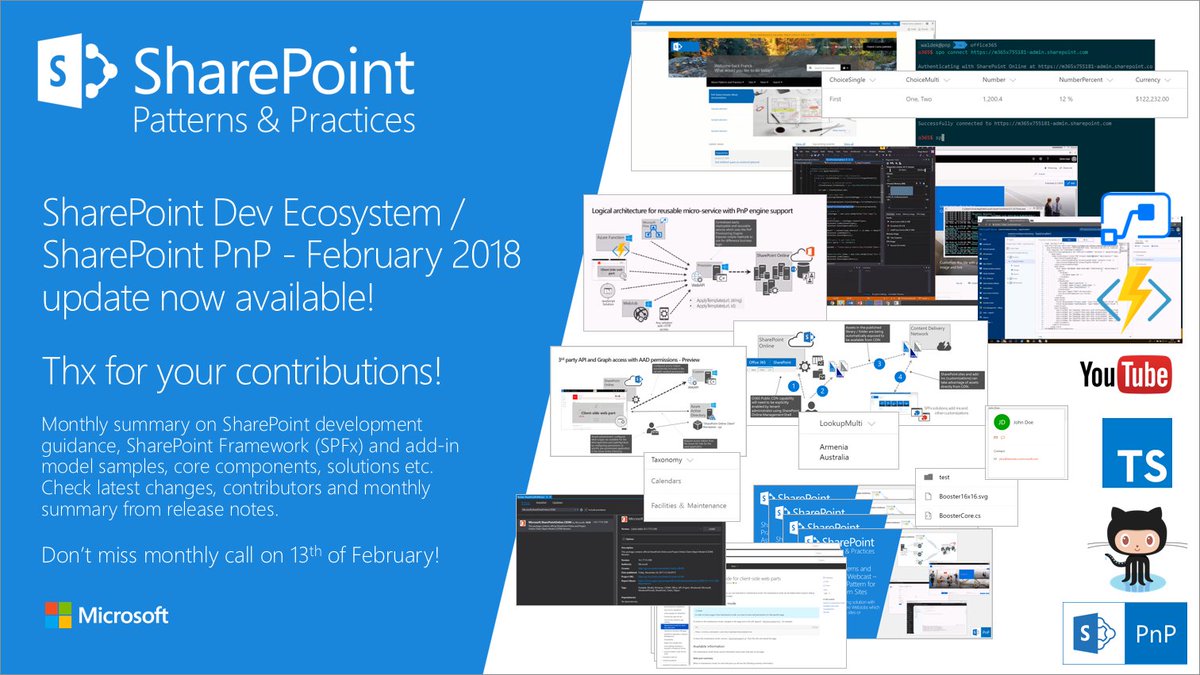 vesajuvonen's tweet image. #SharePoint Dev Ecosystem / Patterns and Practices (PnP) - February 2018 monthly summary. Latest samples, documentation and other guidance from SharePoint engineering and community. Thanks for your contributions! dev.office.com/blogs/pnp-febr… #Office365dev #Office365 #SPFx