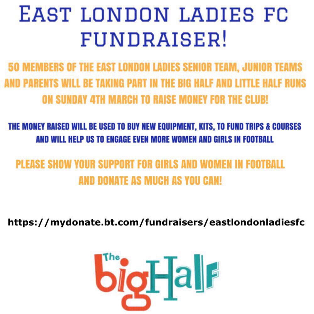 ELL_FC14's tweet image. This year East London Ladies F.C. will be taking part in The Big Half Run. Please click on the link to donate mydonate.bt.com/fundraisers/ea…