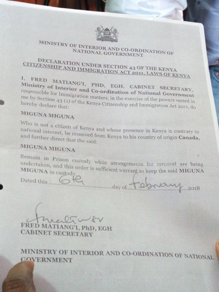 citizentvkenya's tweet photo. Govt confirms it deported Miguna Miguna for being in the country illegally &amp; contrary to national interest, Interior CS Matiang'i issued the deportation order.
#MigunaDeported https://t.co/m2Mcps91HD