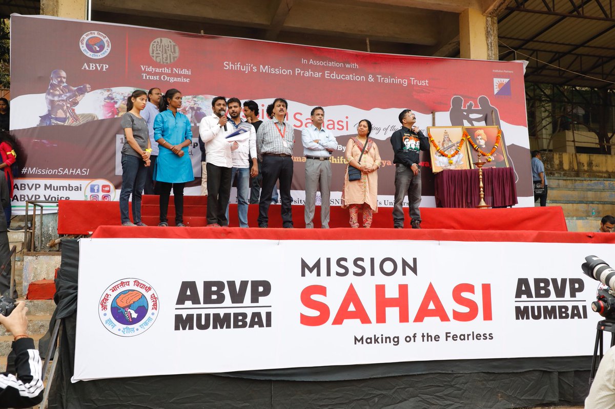 ABVPMumbai's tweet photo. ABVP’s self-defense programme for girls #MissionSAHASI inaugurated by the dignitaries in Thakur College today. 
Thousands of girls across Mumbai will learn crucial self defense tactics from Grandmaster Shifuji Shaurya Bharadwaj under this initiative by ABVP &amp; Vidyarthi Nidhi. https://t.co/W291zrkVsw