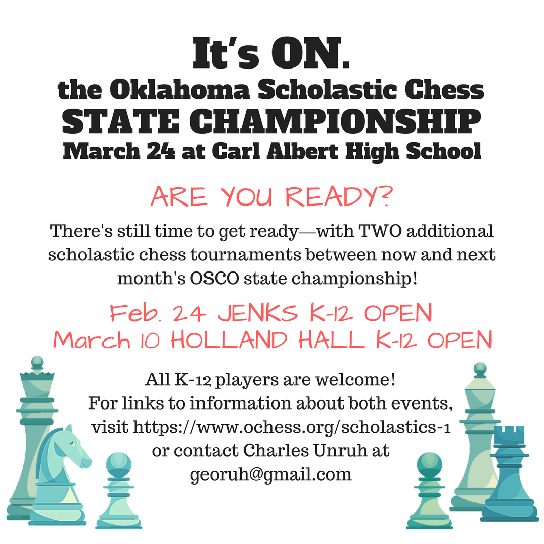 RLynneRutledge's tweet photo. Scholastic chess is growing in Tulsa! We're looking forward to these events. Please help spread the word! @hollandhall @jenksps @jenkshs @ClevelandChess @idafreemanchess @OSCOChess https://t.co/AsRvCp0o4R
