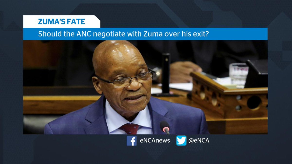 eNCA's tweet photo. Speculation is rife over Zuma’s future and discussions that are continuing behind closed doors.
This morning we would like to hear your thoughts. Does #Zuma deserve the dignified exit the ANC says he should be afforded? https://t.co/fz9OdwFVax