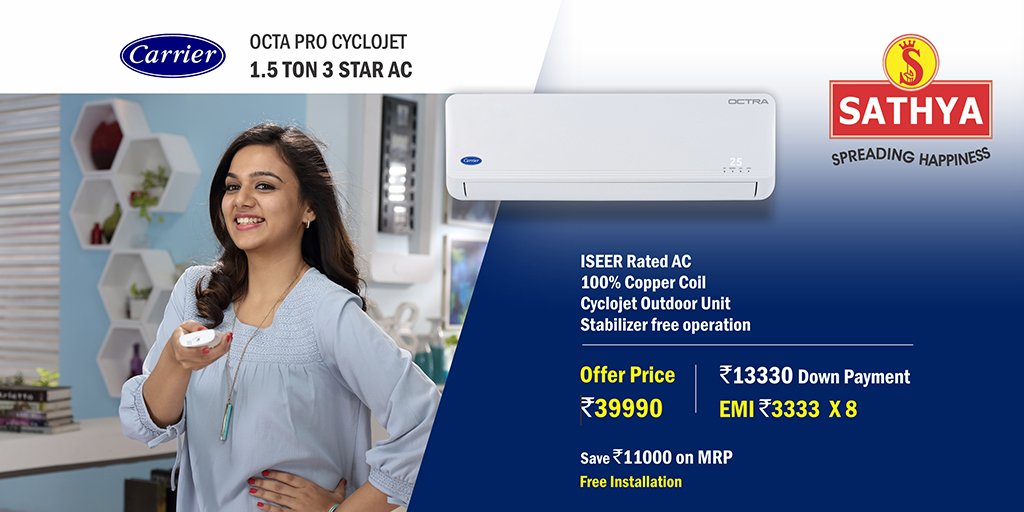 sathyaAgencies's tweet photo. #kuluKuluACoffer
#Carrier #Cyclojet #ISEER rated 1.5 TON 3 STAR #AC at a special offer rate of Rs. 39990.... Save Rs. 11000 on MRP.... . to know more please Call 88805 98985 or text us "CARRIER" to 9894557777 or visit your nearby #SathyaRetail showroom.. https://t.co/loRiDRZnWz