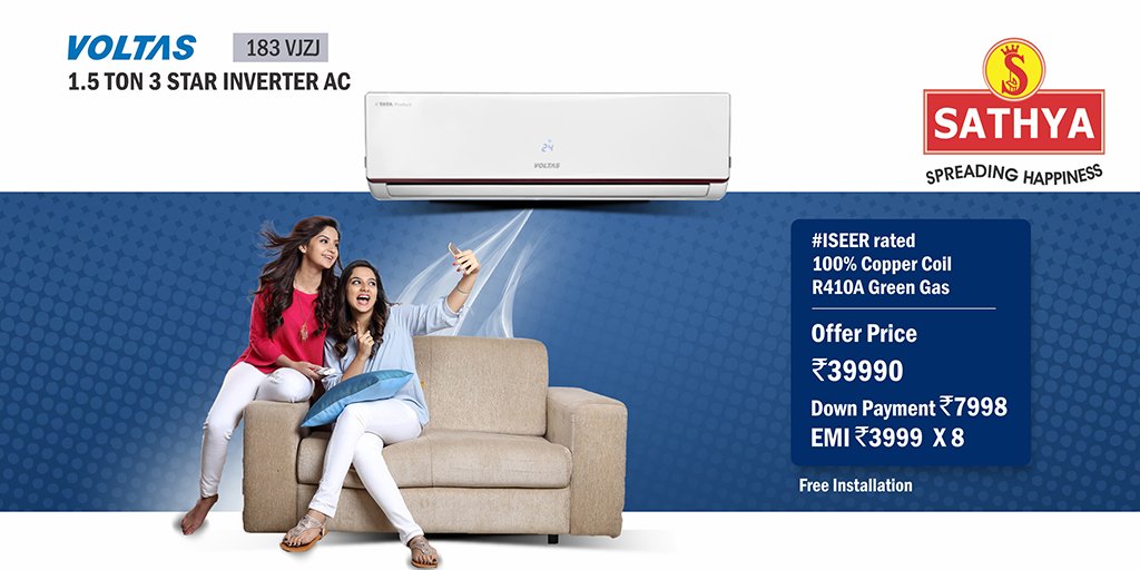 sathyaAgencies's tweet photo. #kuluKuluACoffer
#Voltas #ISEER rated 1.5 TON 3 STAR #AC at a special offer rate of Rs. 39990.... Save Rs. 16000 on MRP.. Free installation ..Pay just Rs. 3999 per month in easy ... to know more please Call 88805 98985 or visit your nearby #SathyaRetail showroom.. https://t.co/wC0oxcQEUL