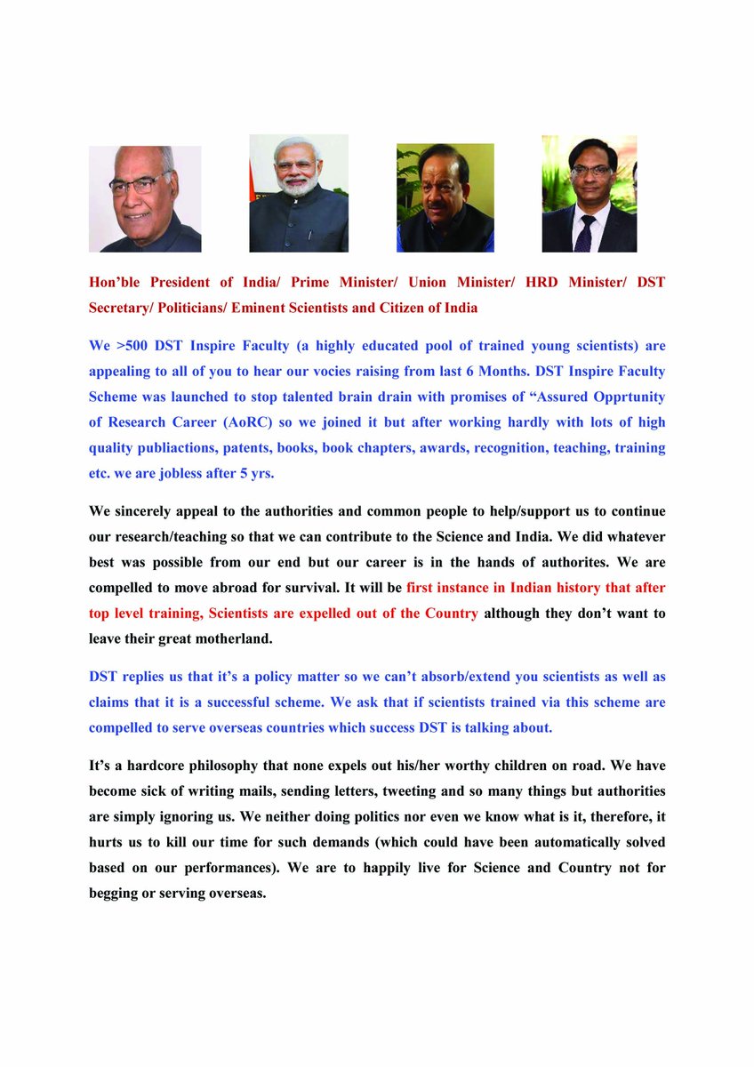Inspirfaculty1's tweet photo. DST must act like mentor not like funding agency for DST Inspire Faculty. Save @narendramodi @rashtrapatibhvn @Ashutos61 @drharshvardhan @PMOIndia @Nripendra_Misra #saveinspirefaculty @RakeshSinha01 @neutranino @GautamDesiraju @PushHigherEd @SwetaSinghAT @ravishkumarsir @IndiaDST https://t.co/4WMmUjupaO