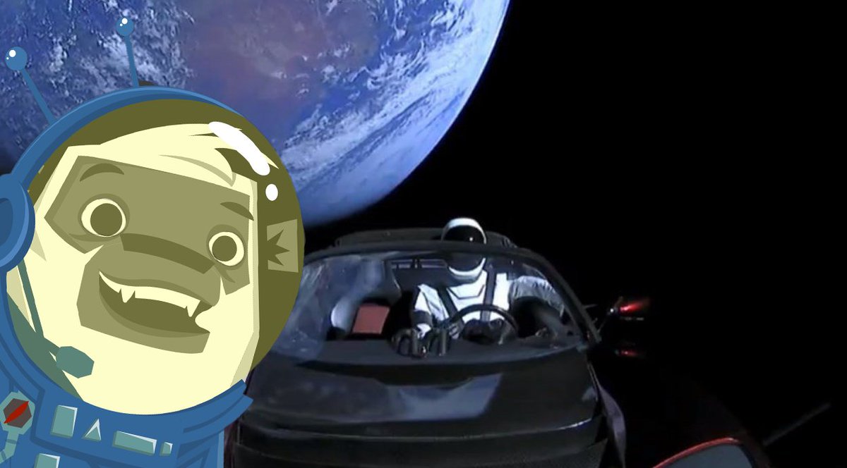 Hey, @SpaceX! Sorry, but we have to declare the truth of this amazing selfie. Who do you think took the shot? Our beloved ape #MoBu says hi to @elonmusk btw. #FalconHeavy #TeslaRoadster #FalconHeavyLaunch