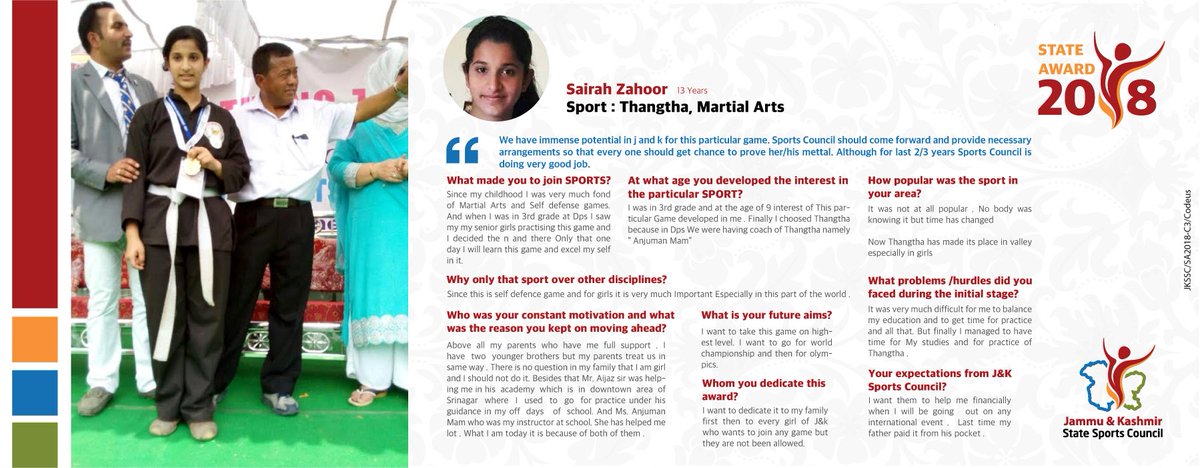 JKSportsCouncil's tweet photo. Congratulations!!! Sairah Zahoor (Thang Ta) make it to State Award this Year..Our best wishes!!! @imranrezaansari @Ra_THORe @parawahid @Media_SAI @IndiaSports https://t.co/aej05hpyEr