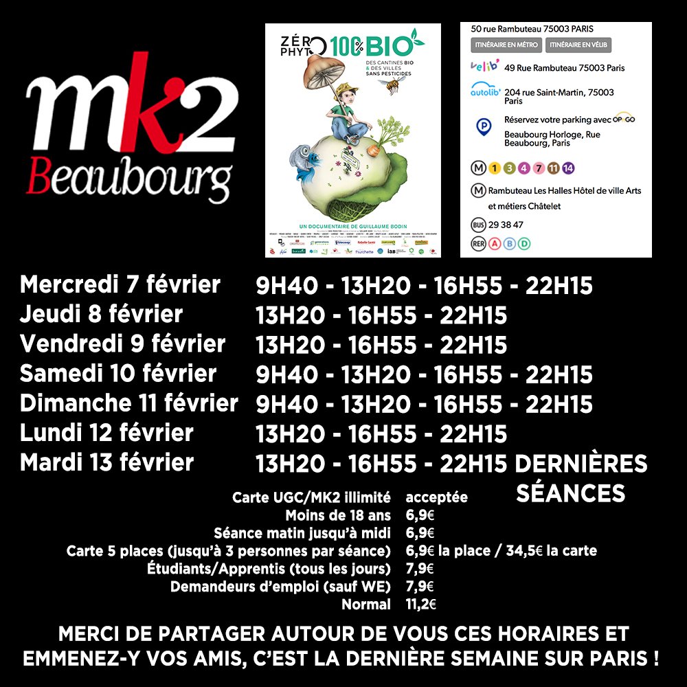 Merci de RT ces horaires autour de vous et emmenez-y vos amis, c'est la dernière semaine de projection sur Paris ! MK2 Parnasse tous les jours à 18H10. MK2 Quai de Seine mer 7, sam 10, dim 11 fév 10H45 ! Plus de dates ►► dahu.bio/evenements/