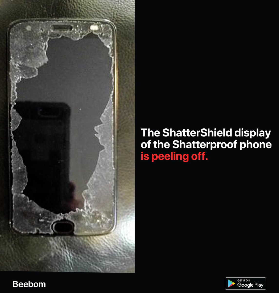 beebomco's tweet photo. It won't crack But it will peel off. Lol.
#MotoZ2Force users are now complaining that the #ShatterShield display is peeling from the edges.
The ShatterShield display replacement will cost the users $49. https://t.co/cU1H19j8A0