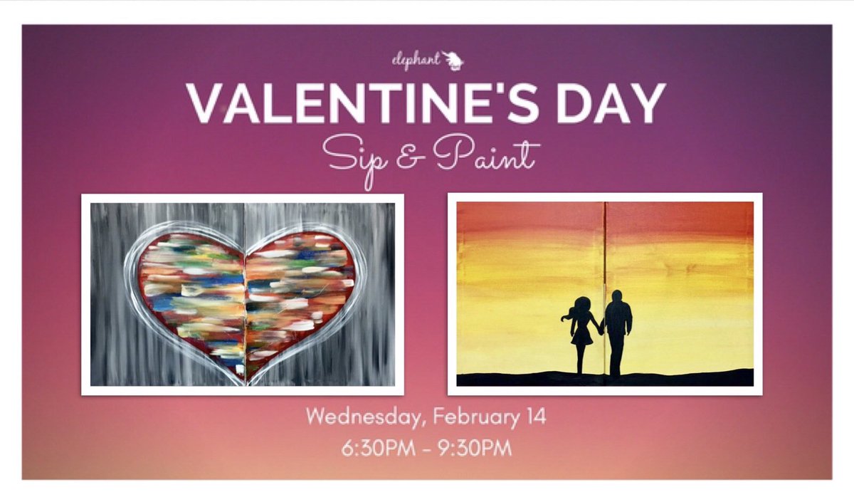 PinkElephantGU's tweet photo. Two canvases make one masterpiece. Join us for a special Valentine’s Day #SipAndPaint event on Wednesday, February 14 at 6:30PM. Book online and receive $10 off. Call 487-1441 for information or to make reservations. #ThePinkElephant 🎨🍷💘 https://t.co/FvRLYLpknP