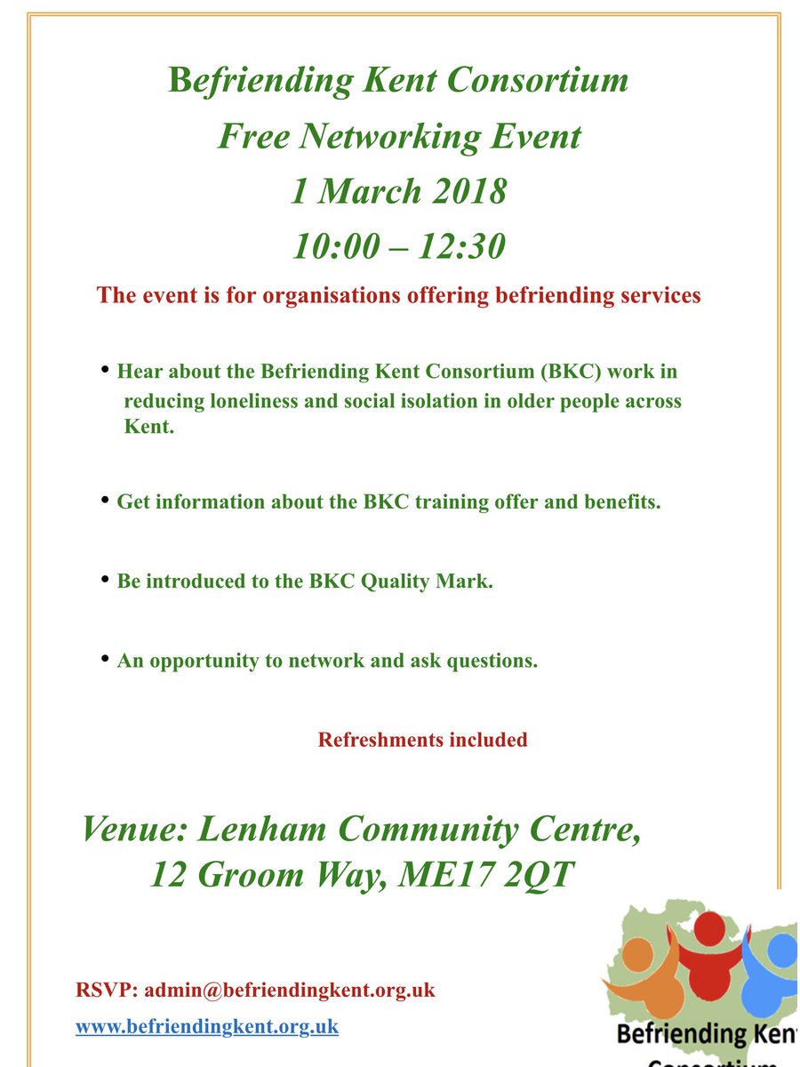 Are you operating or thinking of operating a Befriending service? Come along to our free networking event - offers on training, find out about our quality mark and listen to our befrienders’ experiences ..