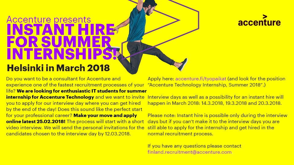 NKlemela's tweet photo. @AccentureFI  Instant hire on täällä! Opiskelija varmista kesätyöpaikkasi haastattelupäivän päätteeksi. Haemme teknologia yksikköömme kesätyöntekijöitä ajalle 1.6. - 31.8. #accenturerekrytoi https://t.co/BolIkHwlOM
